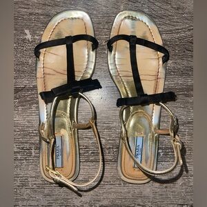 Prada Gold and Black Leather T-Strap Sandals